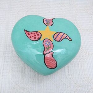 Handmade Ceramic Trinket Dish, Heart Shaped Aqua with Paisley Cross Prayer Box